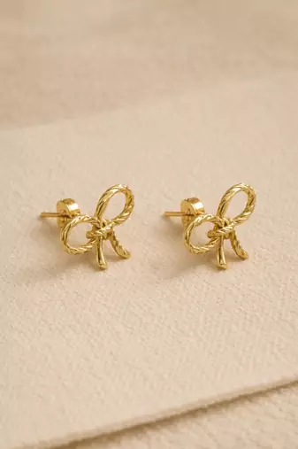 Gold bow stud earrings, twisted rope design, feminine style, post back closure