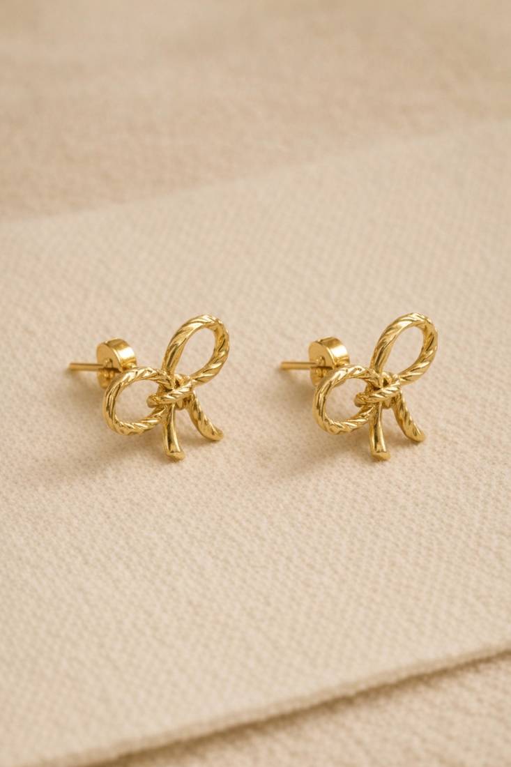Gold bow stud earrings, twisted rope design, feminine style, post back closure