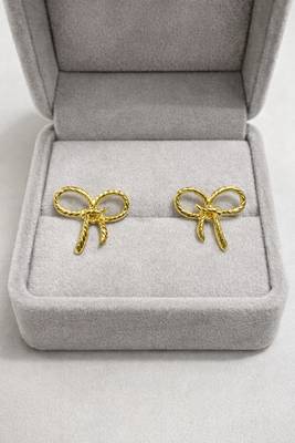 Gold bow stud earrings, twisted rope design, feminine style, post back closure 4