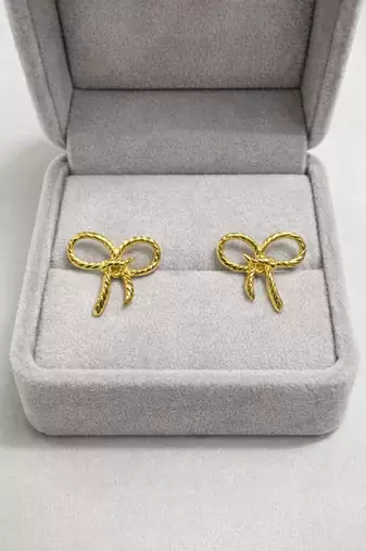 Gold bow stud earrings, twisted rope design, feminine style, post back closure