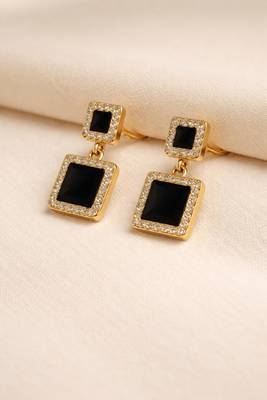 Double square drop earrings, black stone with crystal halo, gold tone, dangle style 1