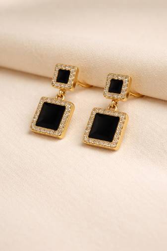 Double square drop earrings, black stone with crystal halo, gold tone, dangle style