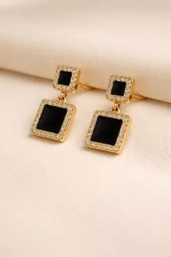 Double square drop earrings, black stone with crystal halo, gold tone, dangle style