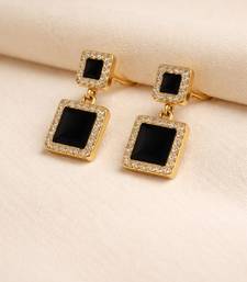 Double square drop earrings, black stone with crystal halo, gold tone, dangle style