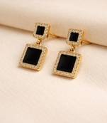 Double square drop earrings, black stone with crystal halo, gold tone, dangle style
