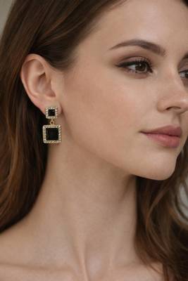 Double square drop earrings, black stone with crystal halo, gold tone, dangle style 2