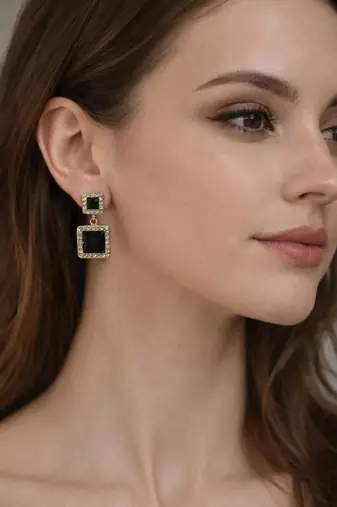 Double square drop earrings, black stone with crystal halo, gold tone, dangle style
