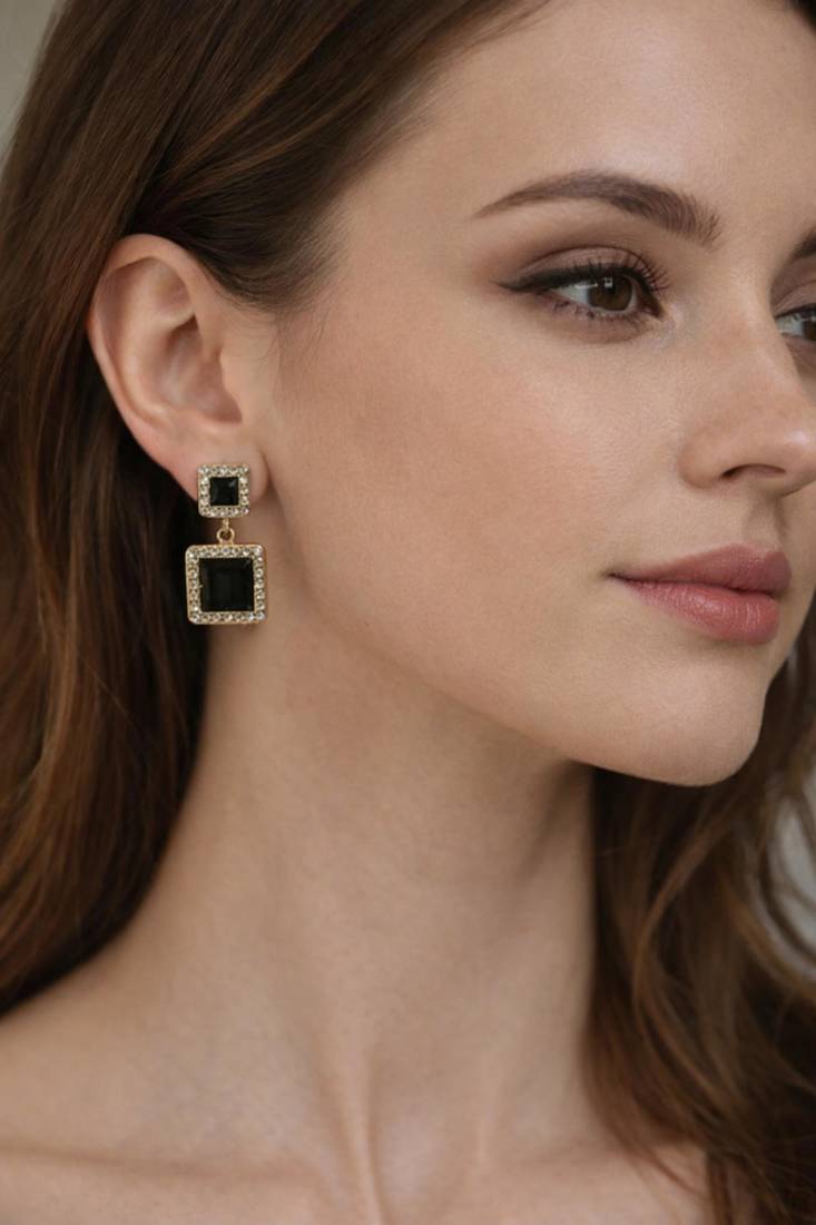 Double square drop earrings, black stone with crystal halo, gold tone, dangle style