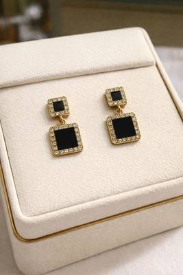 Double square drop earrings, black stone with crystal halo, gold tone, dangle style 3