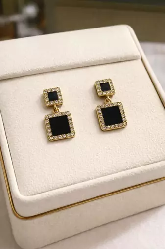 Double square drop earrings, black stone with crystal halo, gold tone, dangle style