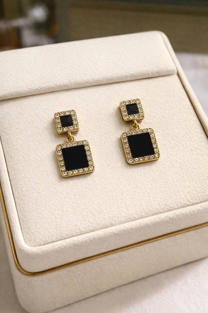 Double square drop earrings, black stone with crystal halo, gold tone, dangle style