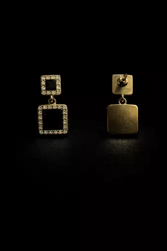 Double square drop earrings, black stone with crystal halo, gold tone, dangle style