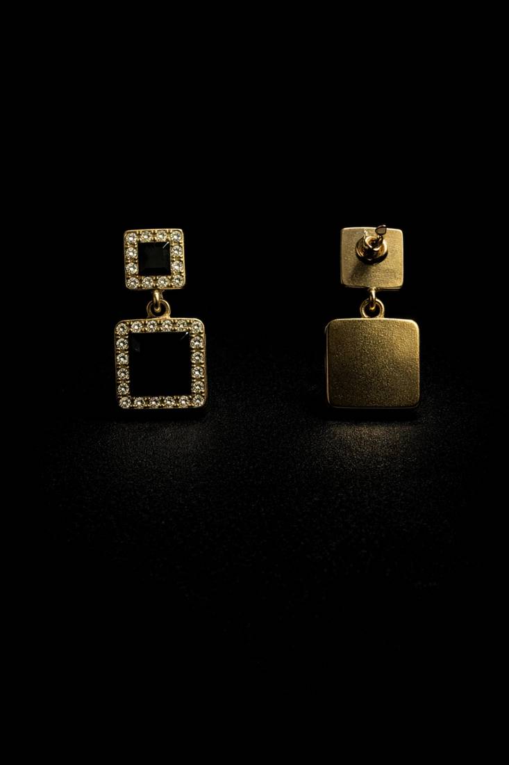 Double square drop earrings, black stone with crystal halo, gold tone, dangle style