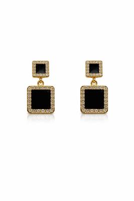 Double square drop earrings, black stone with crystal halo, gold tone, dangle style 5