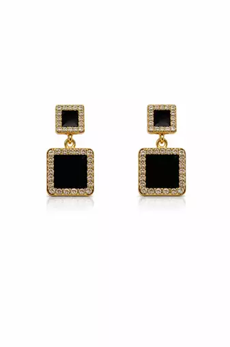 Double square drop earrings, black stone with crystal halo, gold tone, dangle style