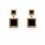 Double square drop earrings, black stone with crystal halo, gold tone, dangle style