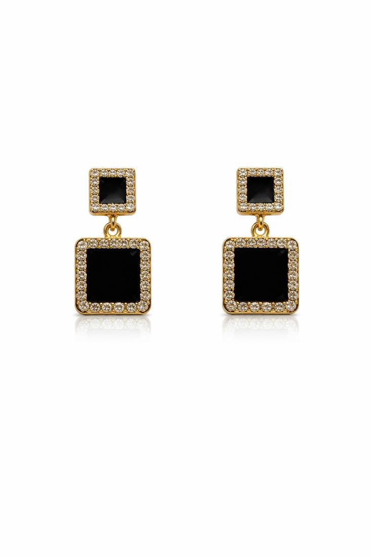 Double square drop earrings, black stone with crystal halo, gold tone, dangle style