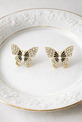 Butterfly stud earrings, gold tone with rhinestones, black enamel wings 1