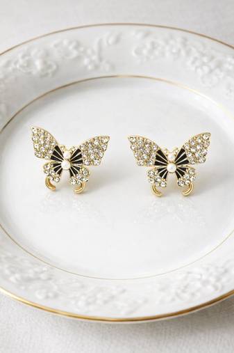 Butterfly stud earrings, gold tone with rhinestones, black enamel wings