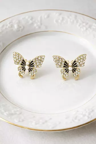 Butterfly stud earrings, gold tone with rhinestones, black enamel wings