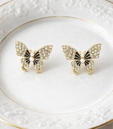 Butterfly stud earrings, gold tone with rhinestones, black enamel wings