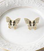 Butterfly stud earrings, gold tone with rhinestones, black enamel wings