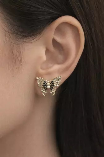 Butterfly stud earrings, gold tone with rhinestones, black enamel wings
