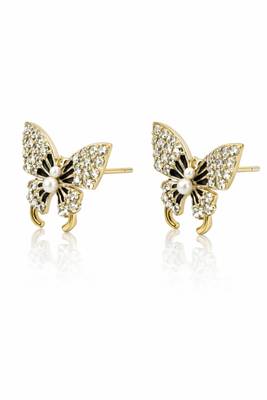 Butterfly stud earrings, gold tone with rhinestones, black enamel wings 3
