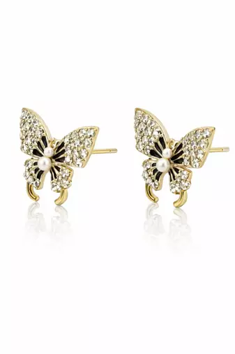 Butterfly stud earrings, gold tone with rhinestones, black enamel wings