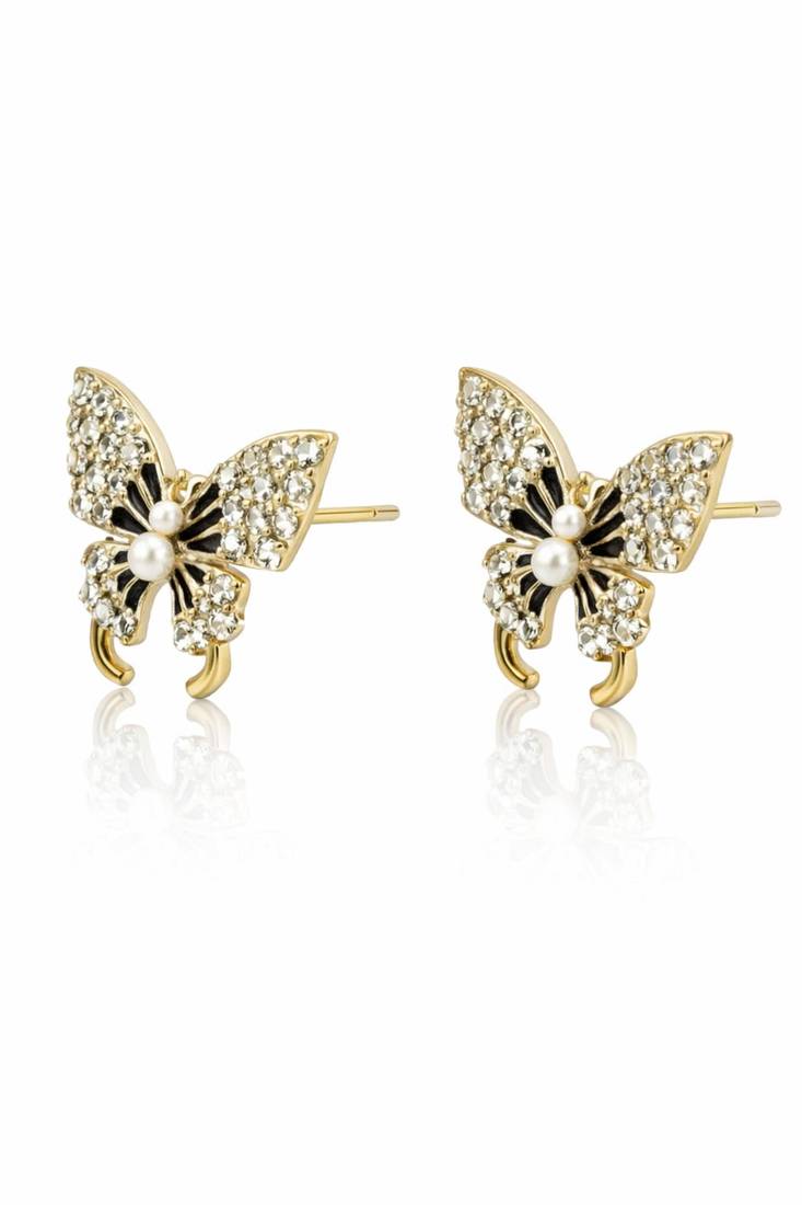 Butterfly stud earrings, gold tone with rhinestones, black enamel wings