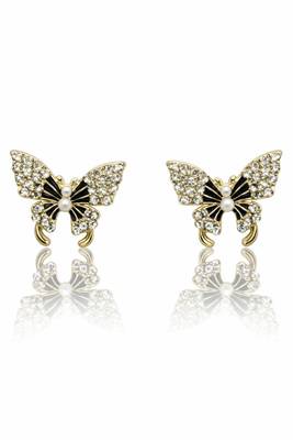 Butterfly stud earrings, gold tone with rhinestones, black enamel wings 5