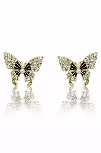 Butterfly stud earrings, gold tone with rhinestones, black enamel wings