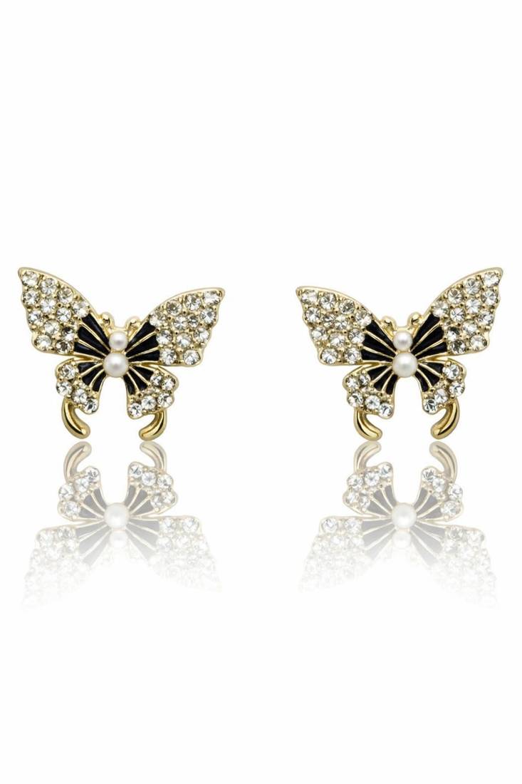 Butterfly stud earrings, gold tone with rhinestones, black enamel wings