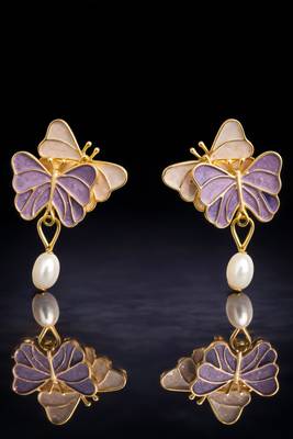 Butterfly earrings with pearl drop, purple and pink enamel, dangle stud style 1