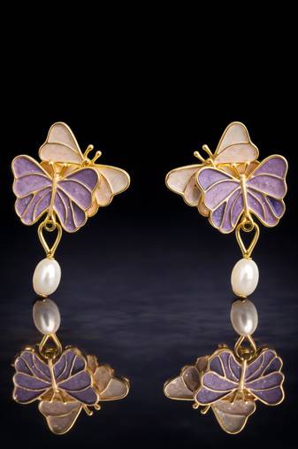Butterfly earrings with pearl drop, purple and pink enamel, dangle stud style