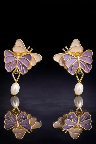 Butterfly earrings with pearl drop, purple and pink enamel, dangle stud style