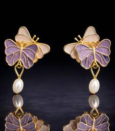 Butterfly earrings with pearl drop, purple and pink enamel, dangle stud style