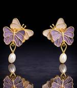 Butterfly earrings with pearl drop, purple and pink enamel, dangle stud style