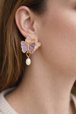 Butterfly earrings with pearl drop, purple and pink enamel, dangle stud style 2