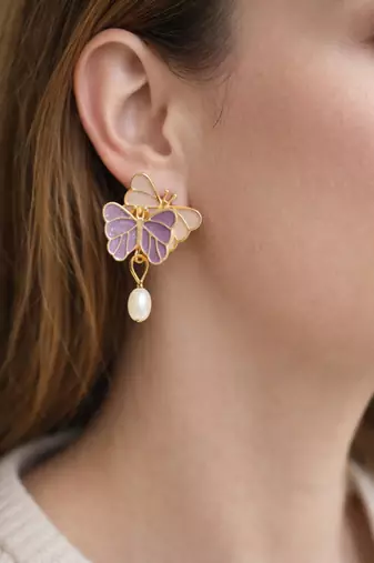 Butterfly earrings with pearl drop, purple and pink enamel, dangle stud style