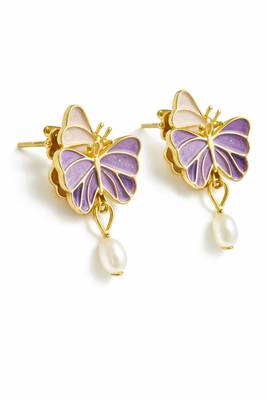 Butterfly earrings with pearl drop, purple and pink enamel, dangle stud style 3