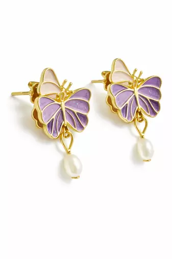 Butterfly earrings with pearl drop, purple and pink enamel, dangle stud style