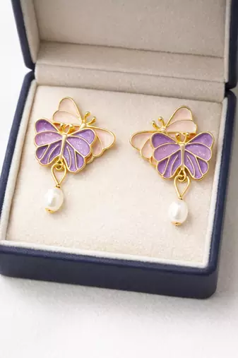 Butterfly earrings with pearl drop, purple and pink enamel, dangle stud style