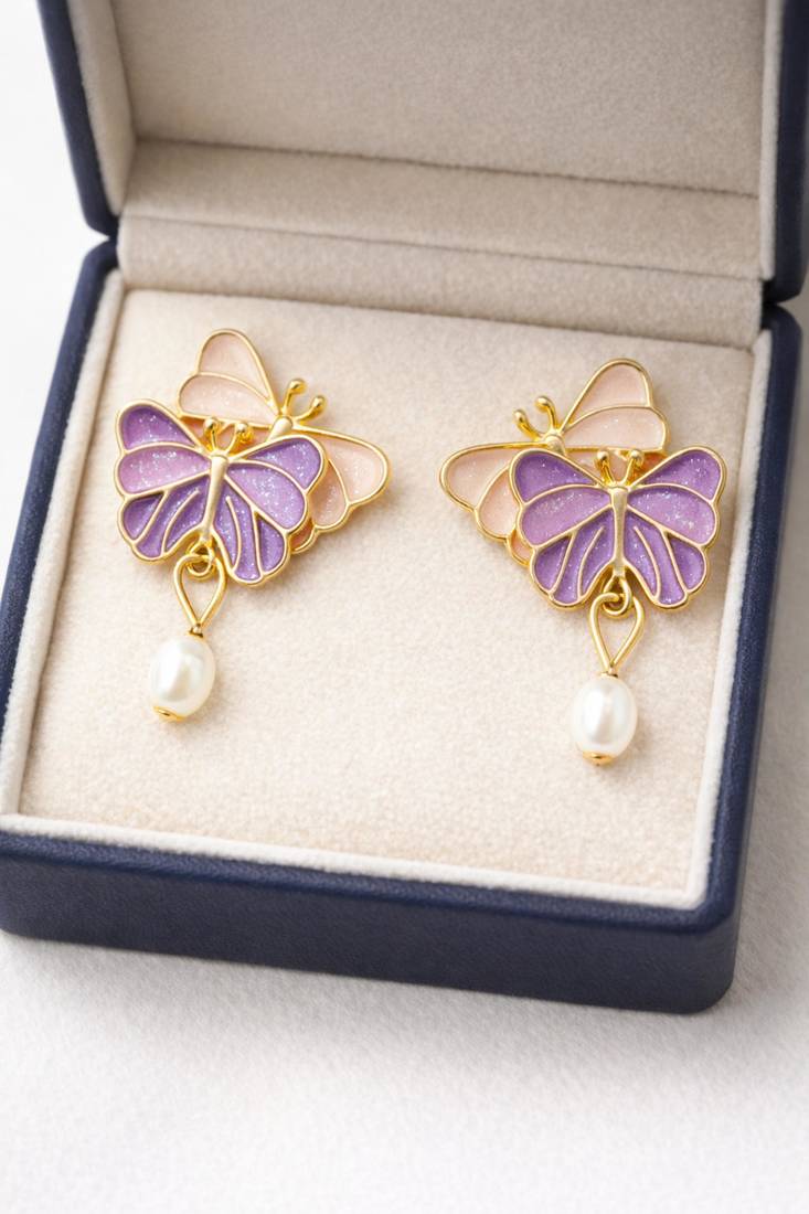 Butterfly earrings with pearl drop, purple and pink enamel, dangle stud style