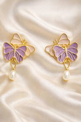 Butterfly earrings with pearl drop, purple and pink enamel, dangle stud style 5