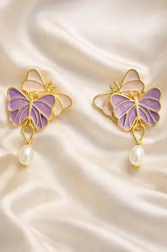 Butterfly earrings with pearl drop, purple and pink enamel, dangle stud style