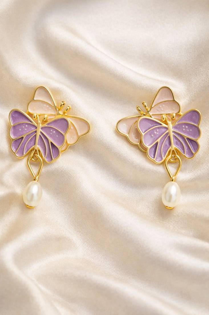 Butterfly earrings with pearl drop, purple and pink enamel, dangle stud style