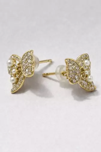 Butterfly stud earrings with pearls and crystals, elegant statement jewelry