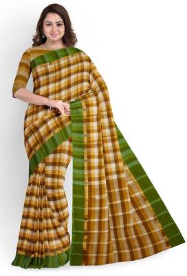 Mustard checked cotton blend saree with green border 1