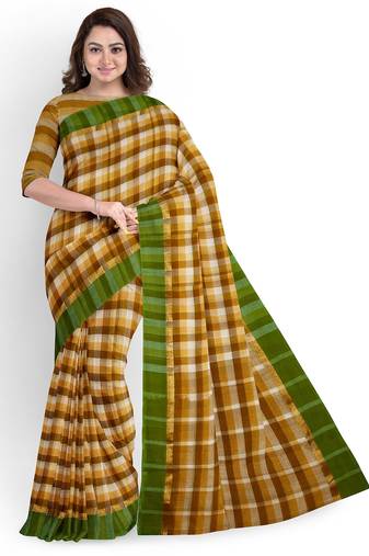 Mustard checked cotton blend saree with green border